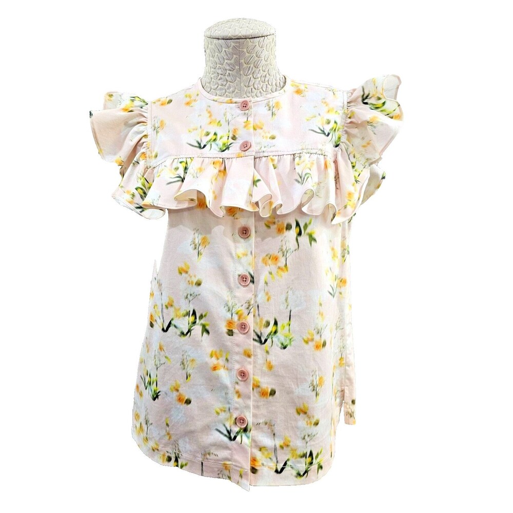 Rebecca Taylor Womens 4 Cotton Ruffle‎ Sleeve Floral Button-Down Blouse Designer